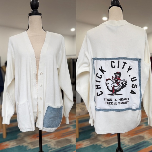liz sport Sweaters - Vintage Reworked Upcycled Cotton Oversized Cardigan Graphic Tee